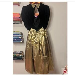 Vintage 80s Jessica McClintock Long Bow Dress with Velvet Top and Metallic Skirt
